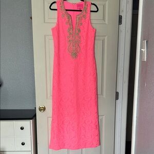 Lilly Pulitzer Neon Pink Sleeveless Maxi Dress with Gold Embellishment